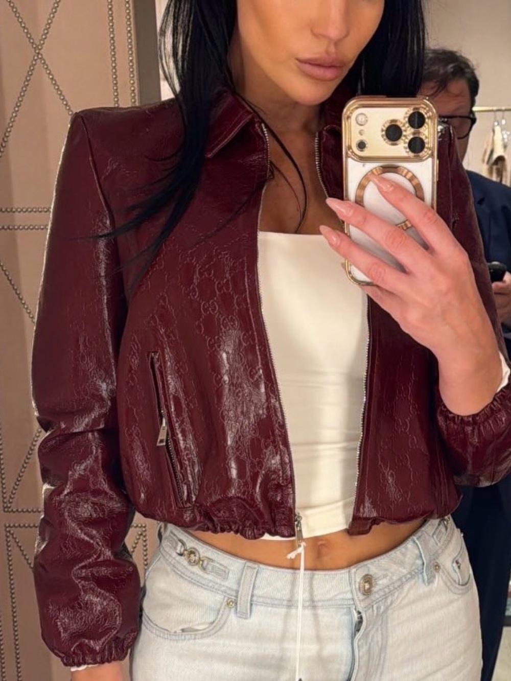 BRAND NEW Gucci Burgundy GG Leather Bomber Jacket - Picture 4 of 5
